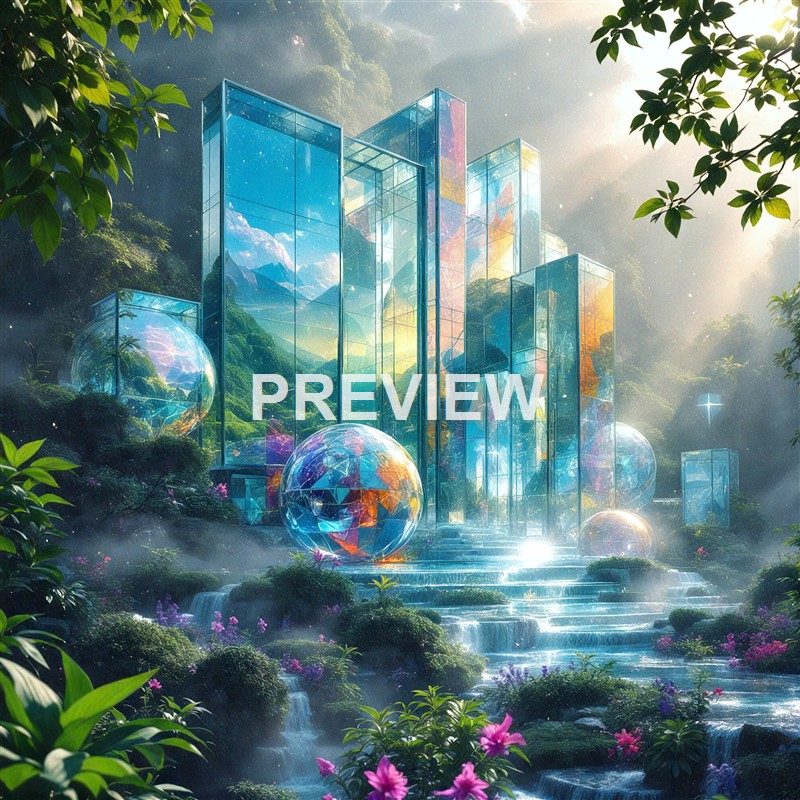 A surreal scene of tall, glass-like buildings reflecting a mountainous landscape, surrounded by lush greenery, waterfalls, and glowing orbs in a misty forest setting.